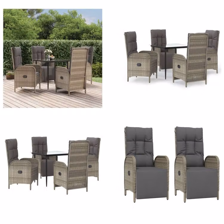 vidaXL Set da pranzo da giardino 5 pezzi con cuscini in poly rattan nero e grigio - Set da pranzo da giardino - Set da pranzo da giardino - Set da pranzo da terrazza