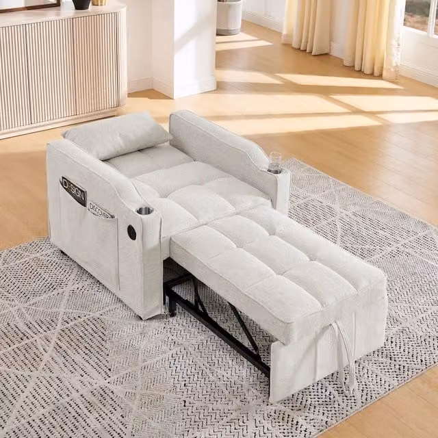 Poltrona letto convertibile con schienale regolabile a 3 posizioni e porte USB e USB-C in tessuto beige 190 × 85 × 86 cm