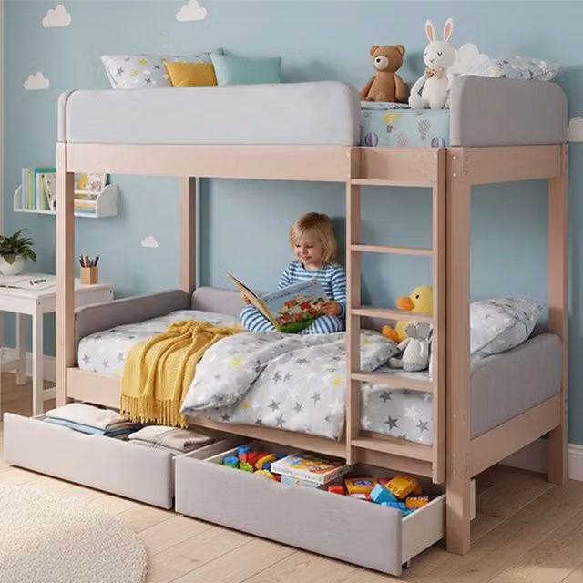 Letto a Castello per Bambini con Cassetti e Rete a Doghe ¨C Xylo ¨C Legno, Grigio/Naturale, 90x200cm
