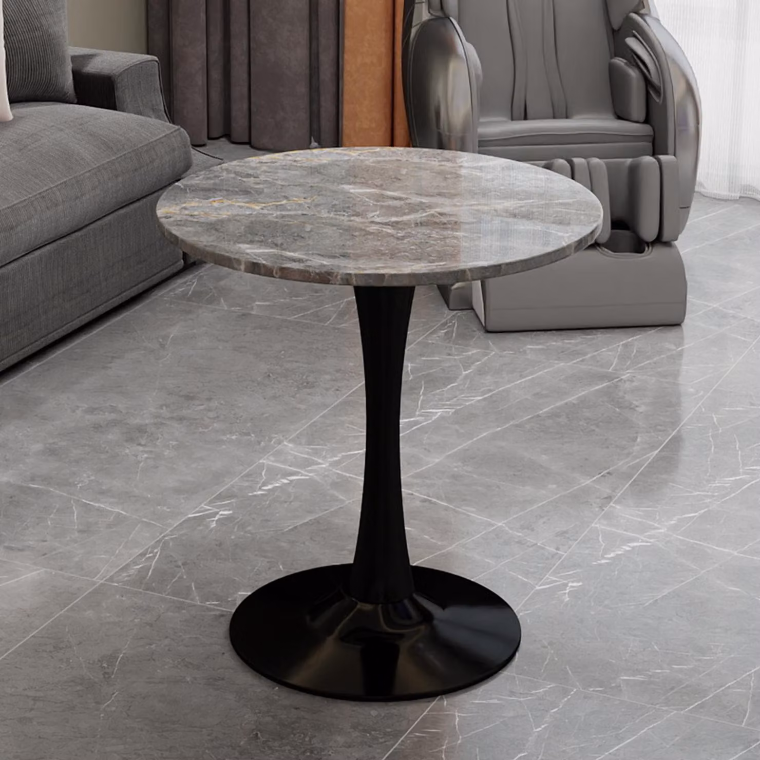 Tavolo rotondo da pranzo, diametro 70 cm – Tavolino da caffè nero con effetto marmo, stile Mid-Century Modern per 2-4 persone, finitura grigio scuro