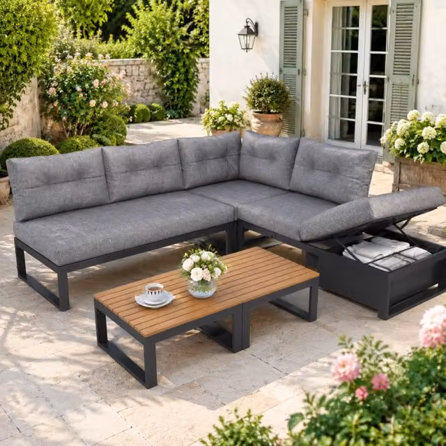 Divano da esterno modulare REDOM a L con cuscini grigi, L/P/H: 191,5 x 191,5 x 79 cm – 1