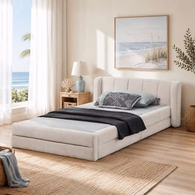 Letto singolo ULEVR 90x200 cm con testiera imbottita in ciniglia, struttura rinforzata, beige