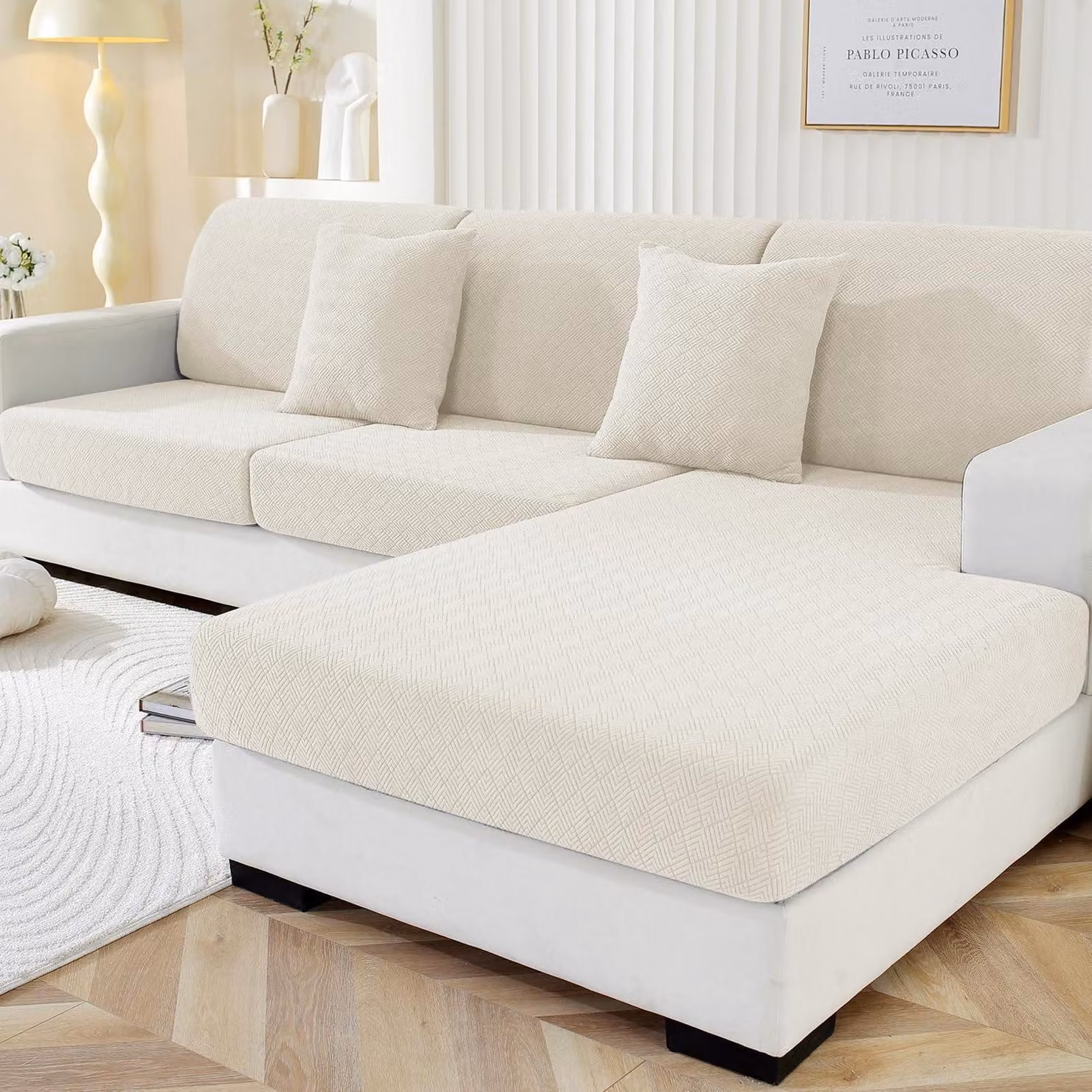 Copertura per cuscini del divano componibile, colore crema-bianco, per 1 posto * 2 + chaise longue