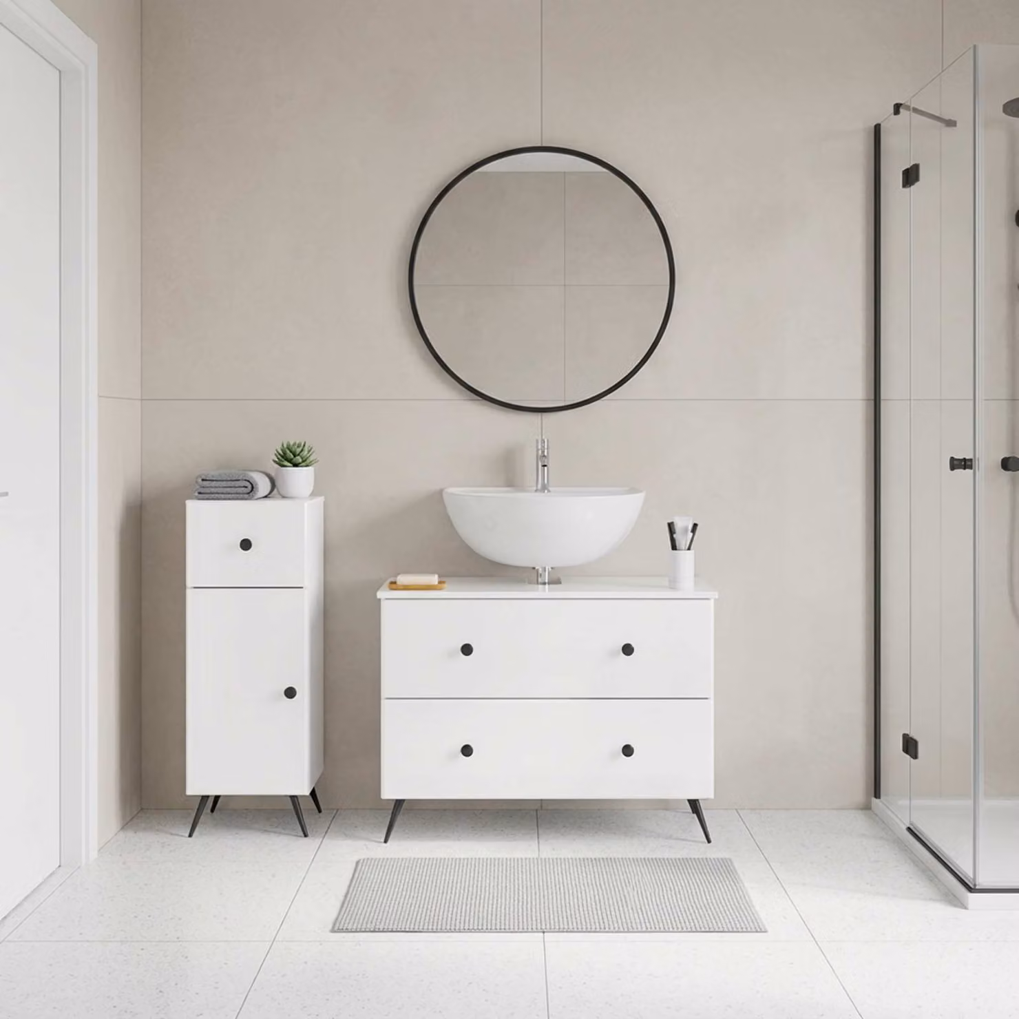 Set di mobili da bagno vidaXL BREDA composto da 2 pezzi, bianco lucido, design moderno con ante a cerniera e ripiani interni