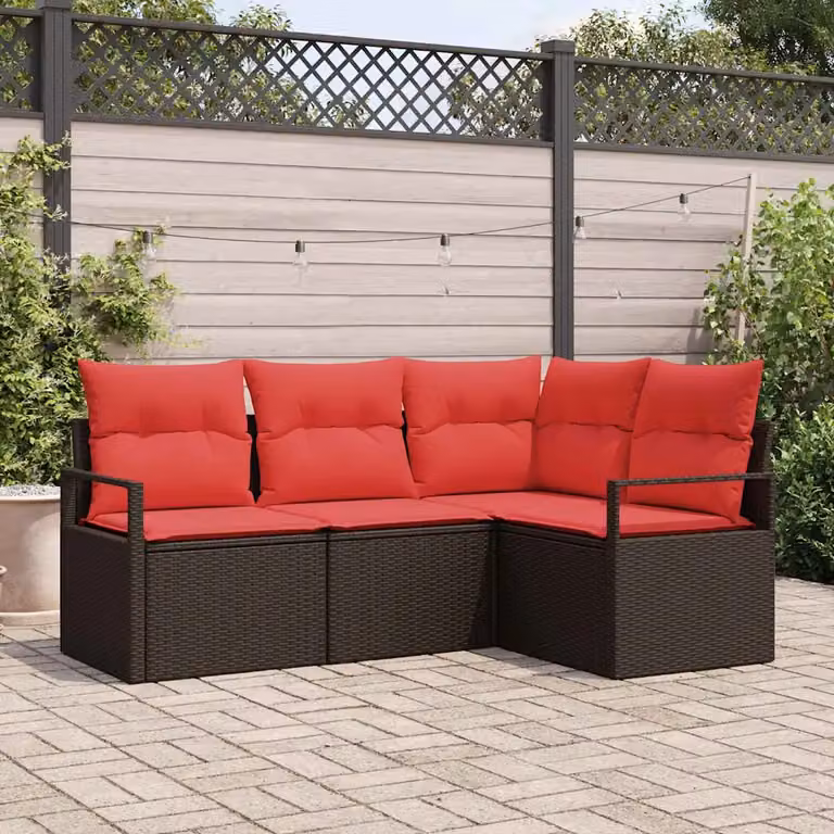 Set di divani da giardino a forma di L vidaXL in rattan marrone con cuscini inclusi e struttura in acciaio rivestito in polvere