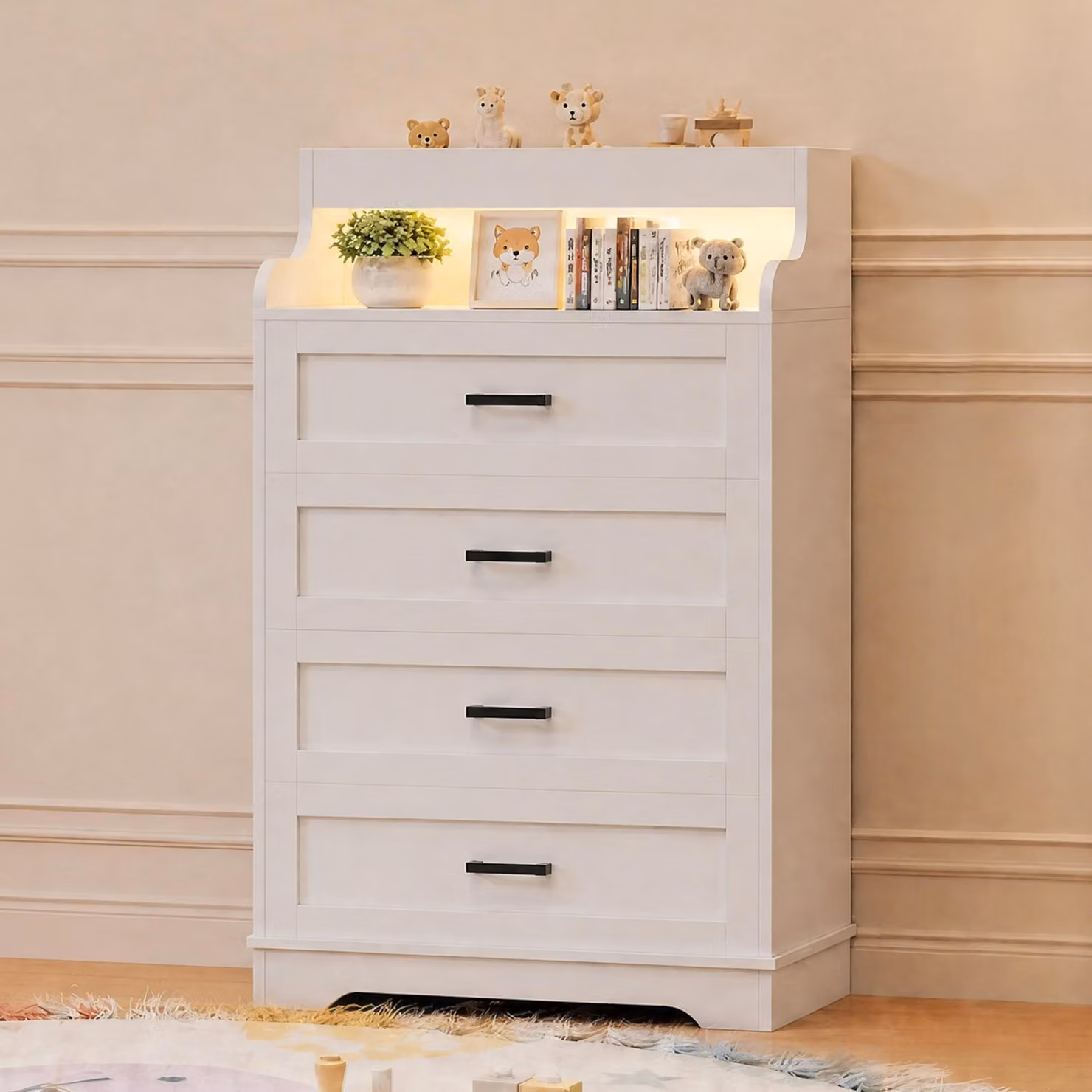 Comodino UnboxG bianco con illuminazione LED – Comodino moderno per la camera da letto con 4 cassetti spaziosi, un vano aperto e sistema di sicurezza anticaduta
