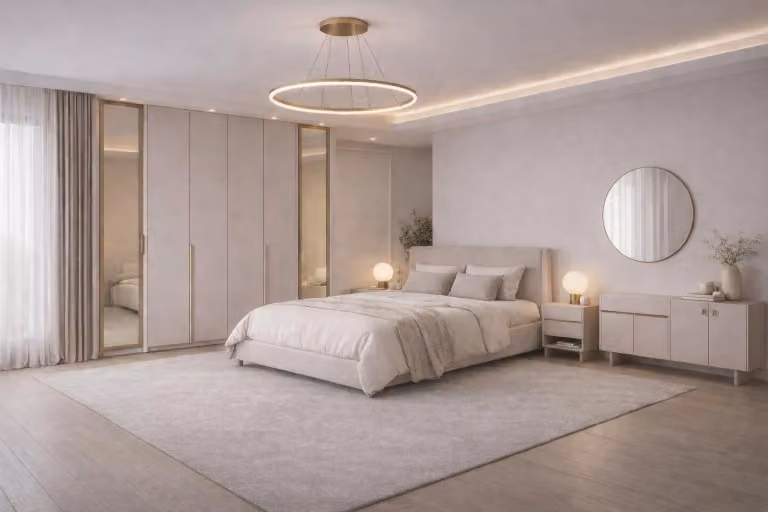 Set da camera da letto elegante armadio, consolle e specchio rotondo