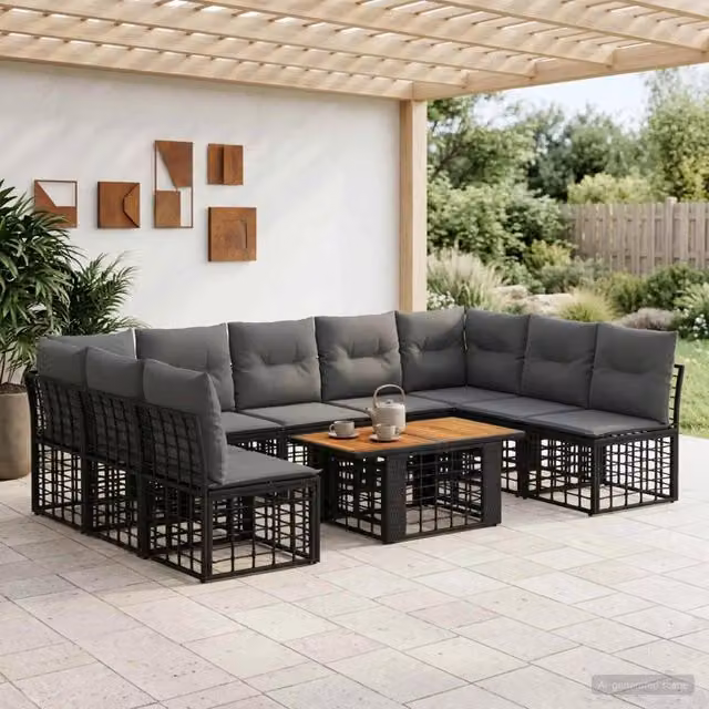 Set Divano da Giardino 10 pz Nero e Grigio scuro polyrattan 3437897