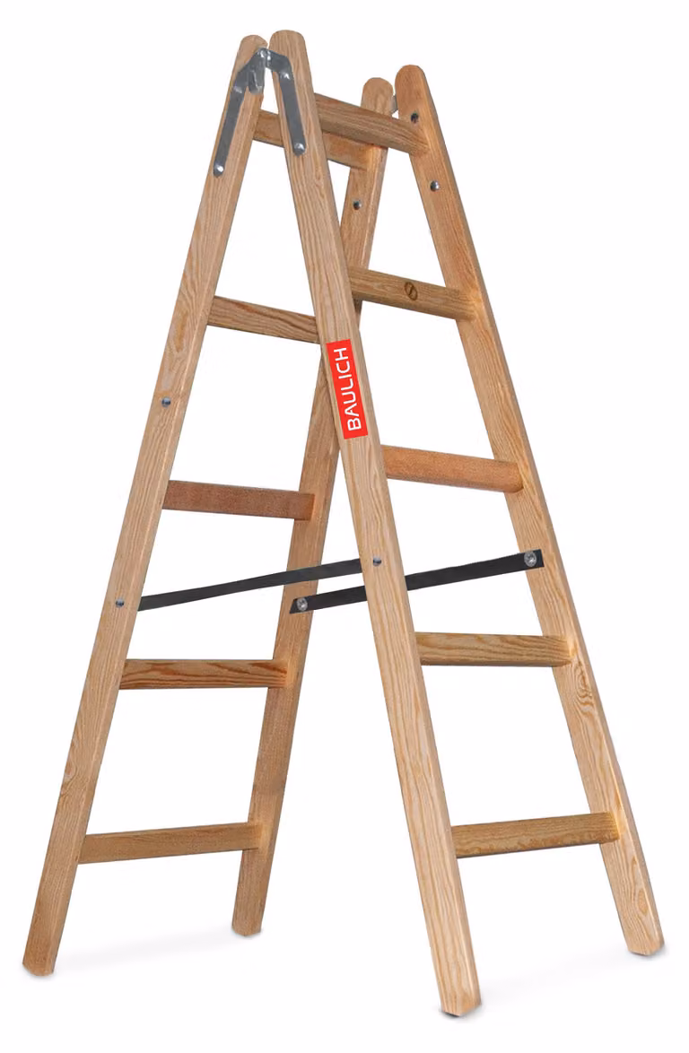 Baulich | Scala in legno - 2 x 5 gradini - bilaterale - in legno di pino - EN 131 - altezza di lavoro fino a 3 m - portata 150 kg - resistente alle intemperie - con ganci