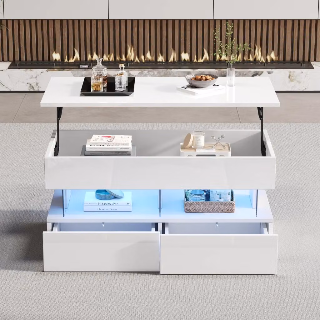 Tavolino basso sollevabile OKWISH bianco con meccanismo lift, 2 cassetti e vano nascosto, L/P/H: 100 x 50 x 46 cm – 2