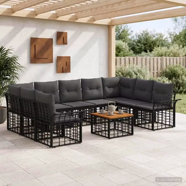 Set di divani da esterno 10 pz Nero e Grigio scuro Poliestere 3437759
