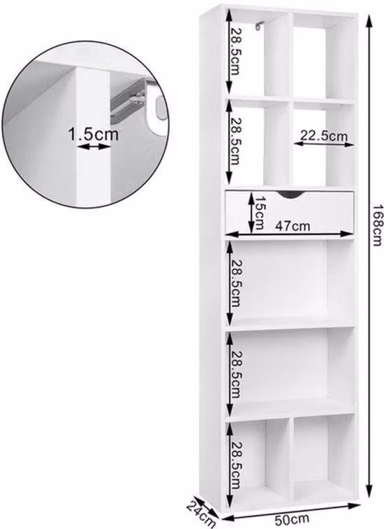 Libreria autoportante con vano portaoggetti – 6 scomparti – 1 cassetto – 50x24x168 cm – Bianco