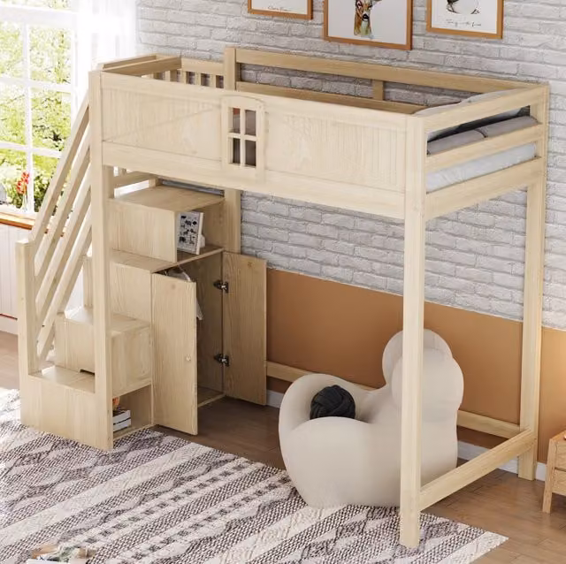 Letto a soppalco 90 x 200 cm in legno; scala laterale reversibile; color legno naturale