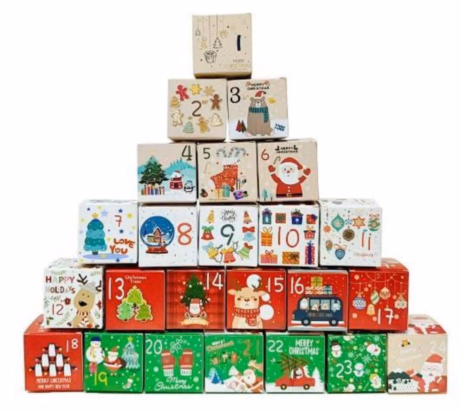 Calendario dell'Avvento da riempire, contenitore con 24 scatole, dimensioni 7x7x7 cm, realizzato in cartoncino