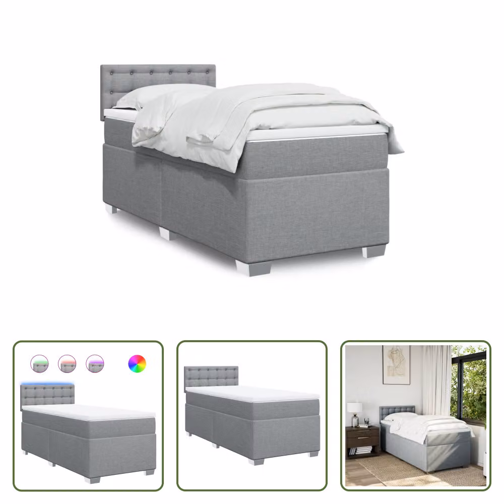 The Living Store Letto a molle con materasso grigio chiaro 90x190 cm in tessuto