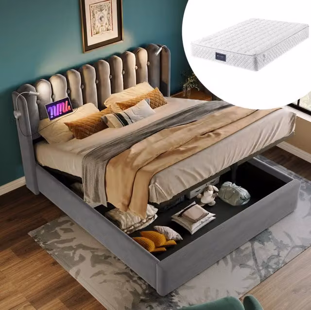 Letto matrimoniale 160x200 cm in velluto grigio con contenitore; luce da lettura e USB