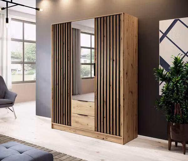 Armadio "Nelly" ad ante battenti rovere Artisan nero larghezza 155 cm