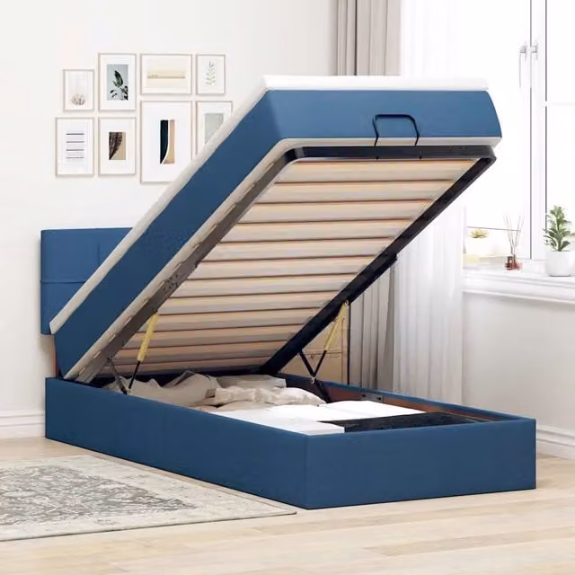 Letto con contenitore a sollevamento e materasso vidaXL in tessuto blu e bianco, L: 190 cm, P: 90 cm, H: 88 cm – 1