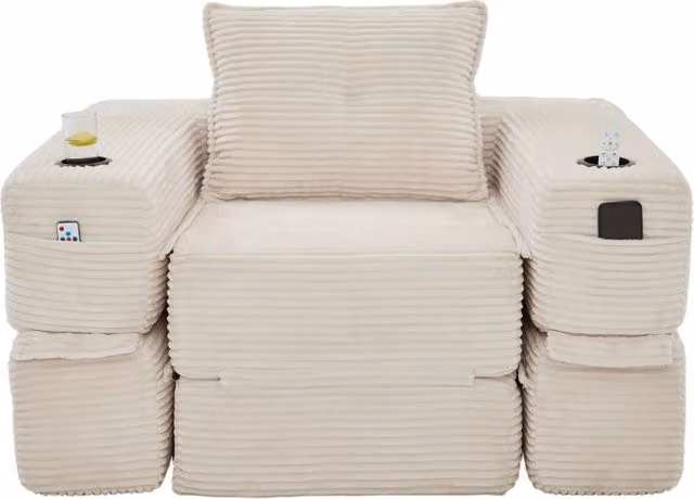 Divano letto pieghevole in velluto a coste con schiuma ad alta densità e molle, tasca laterale e portabicchieri, bracciolo con cerniera, 122x98x80 cm, colore rigato