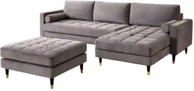 Divano angolare KOLIRI grigio in velluto con pouf e poggiatesta regolabile, struttura in legno e metallo, L/P/H: 235 x 160 x 85 cm