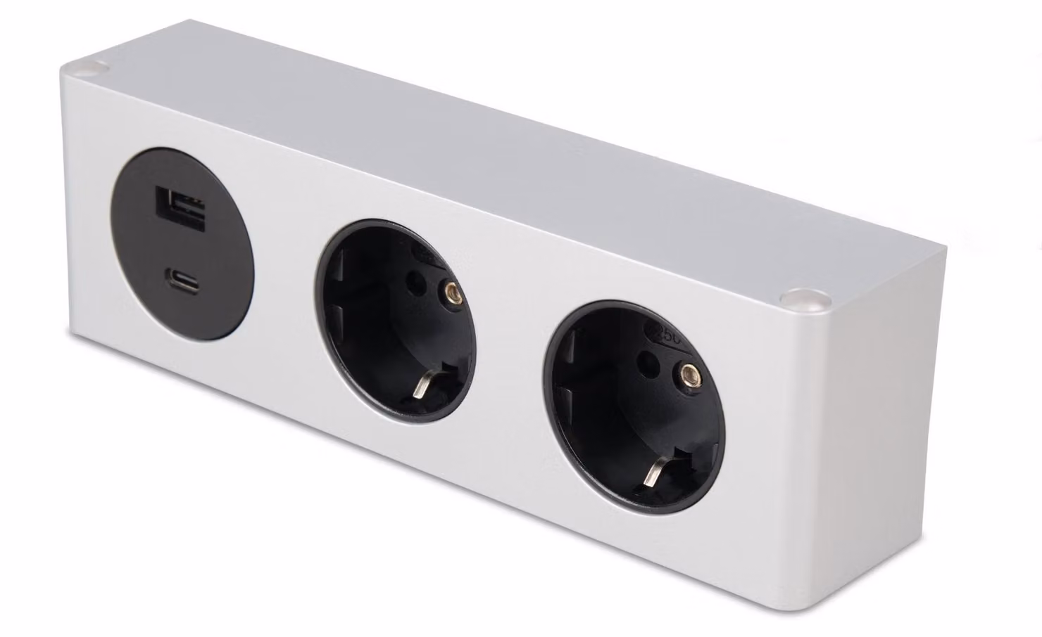 Ciabatta multipresa con 3 prese, 2 prese da 230V e connettori USB A/C, colore argento