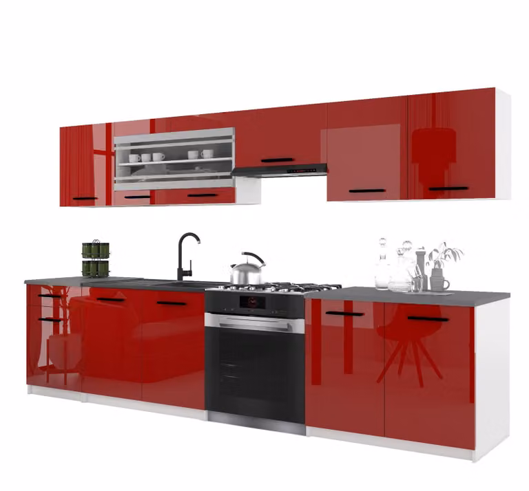 Belini - Angolo cottura moderno ITALIA 4 - Mobili da cucina 260 cm, rosso - Cucina componibile con pensili, mobili base e piani di lavoro