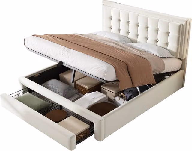 Letto Matrimoniale Moderno con Contenitore Idraulico e 2 Cassetti in Velluto Beige e Bianco L/P: 140 x 200 cm