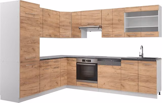 Cucina angolare completa Fame-Line Rovere dorato/Bianco 287 x 227 cm, PL Antracite Vicco