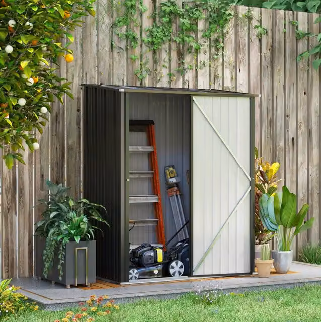 Armadio da giardino ULEVR 161,5x94,5x183/196 cm in acciaio zincato, porta chiudibile, tetto inclinato, nero