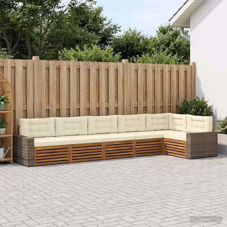 Set di divani da esterno vidaXL a forma di L composto da 6 pezzi in legno di acacia con cuscini, colore beige e marrone