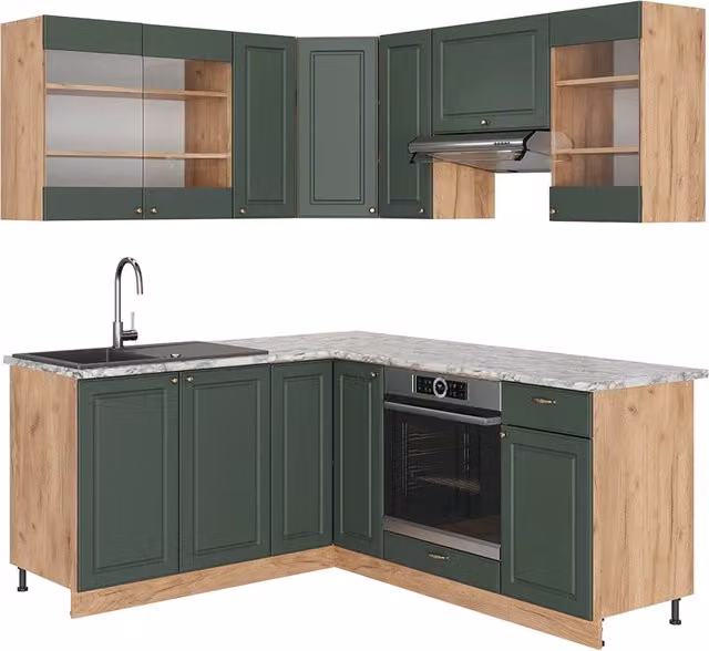 Cucina angolare completa Fame-Line Vicco in stile country house, colore verde e oro con finitura rovere, L/P: 190 x 160 cm – 1