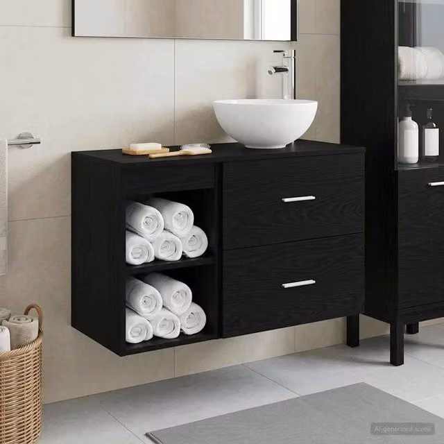 Set di mobili da bagno moderni vidaXL composto da mobile lavabo e pensile a parete in legno nero opaco L/P/H: 80,0 x 35,0 x 49,5 cm e 66,4 x 26,4 x 34,0 cm – 1
