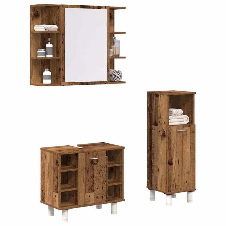 Set di mobili da bagno vidaXL in legno multistrato color marrone antico composto da 3 pezzi: mobile lavabo, mobiletto laterale e armadietto con specchio (L/P/H: 80 x 20,5 x 64 cm)