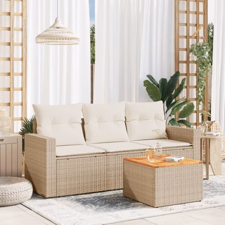 vidaXL Set Divano da Giardino 4 pz in Polyrattan con Cuscini Beige e Tavolino da Esterno