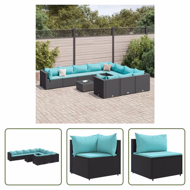 The Living Store Set di divani da giardino 11 pezzi con cuscini in poly rattan nero