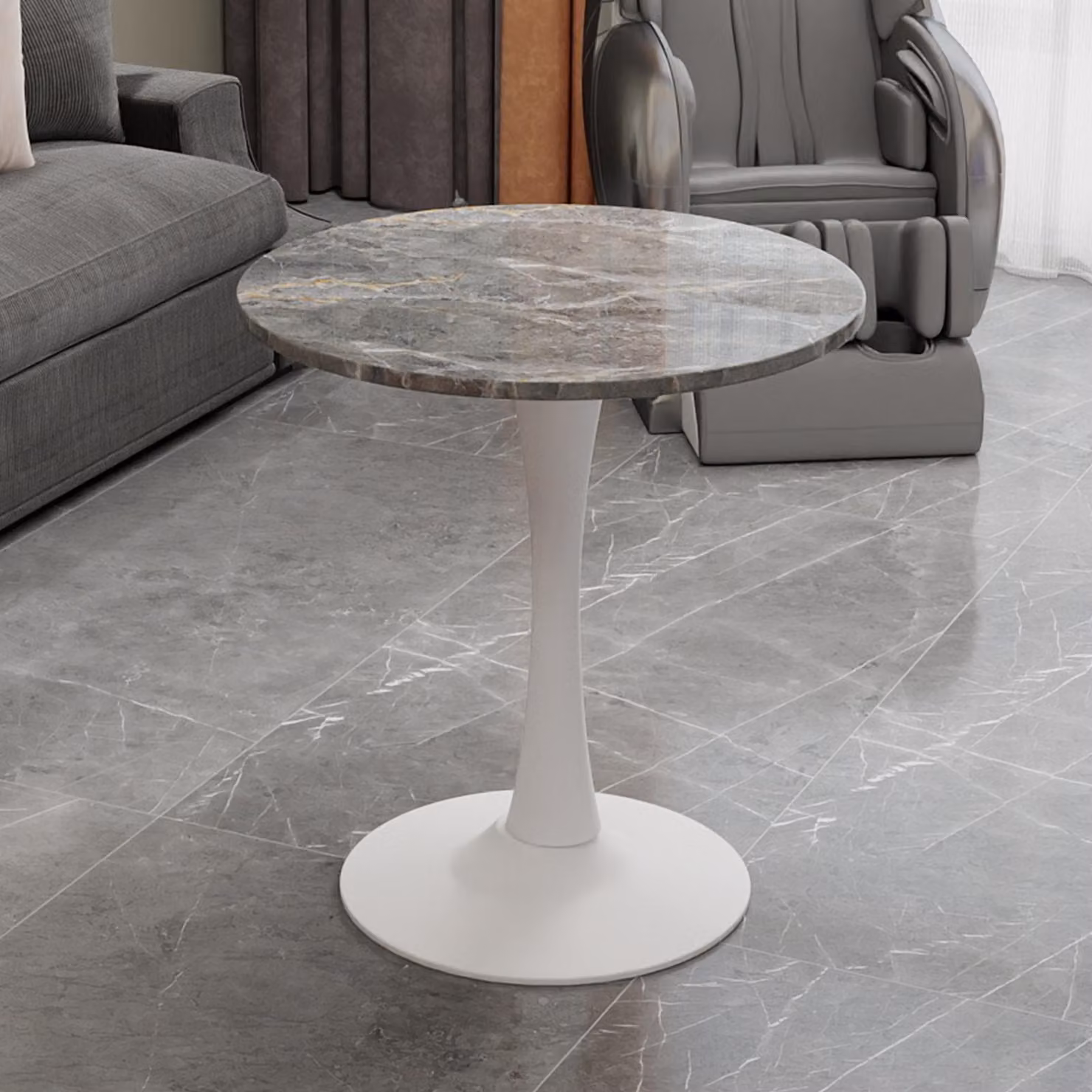 Tavolo rotondo da pranzo, diametro 70 cm. Tavolino da caffè bianco, stile mid-century, adatto per 2-4 persone. Tavolo con piano effetto marmo, venature grigio scuro. Tavolino compatto da bistrot