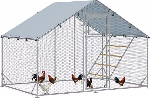 Recinto per galline Giordanoshop Argento con tetto impermeabile, mangiatoia e posatoio, L: 300 cm, P: 200 cm, H: 195 cm
