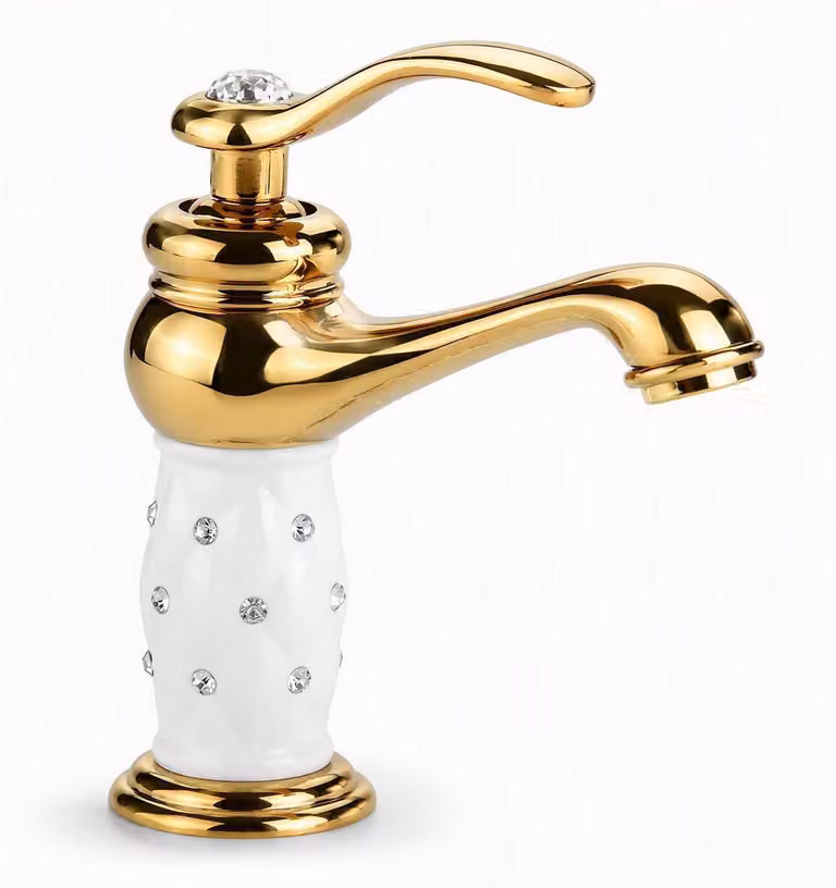 Miscelatore monocomando per lavabo, colore bianco, finitura oro, materiale ottone, stile retrò/vintage