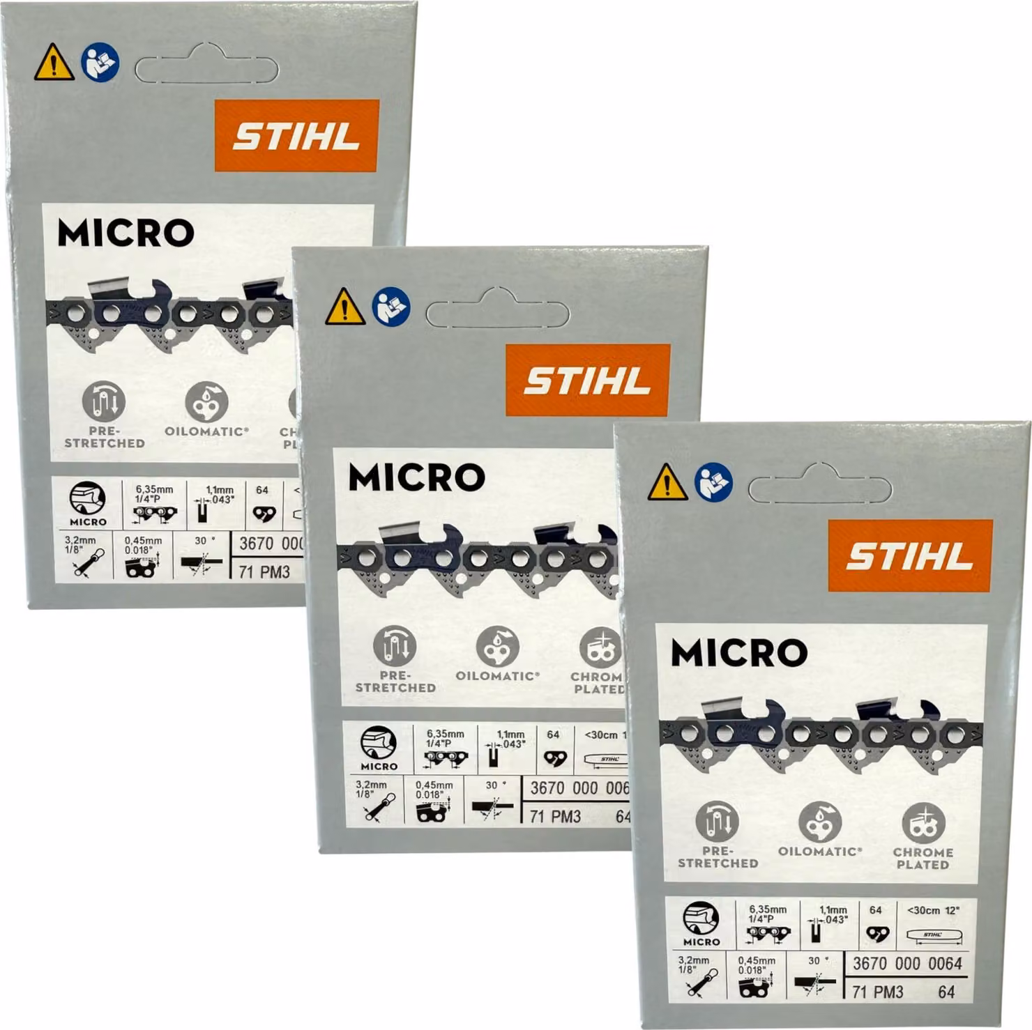Stihl 3x 1/4" Picco Micro 3 (PM3) catena per seghe 30 cm 1/4" P 1,1 mm 64 TG 3 pezzi ( 3x 36700000064 )