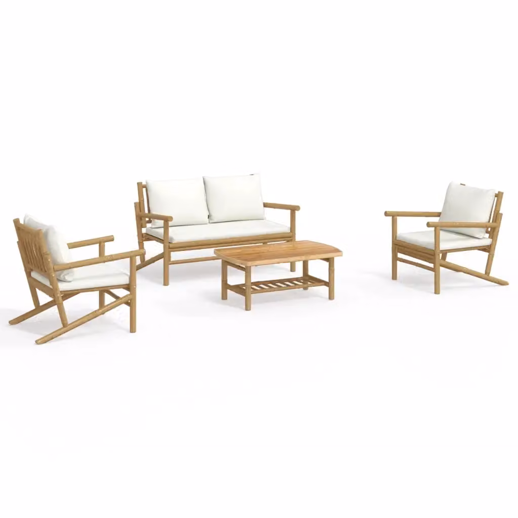 Set Salotto da Giardino vidaXL in Bambù con Cuscini Bianco e Beige composto da Divano 2 Posti e Tavolino da Caffè – 2