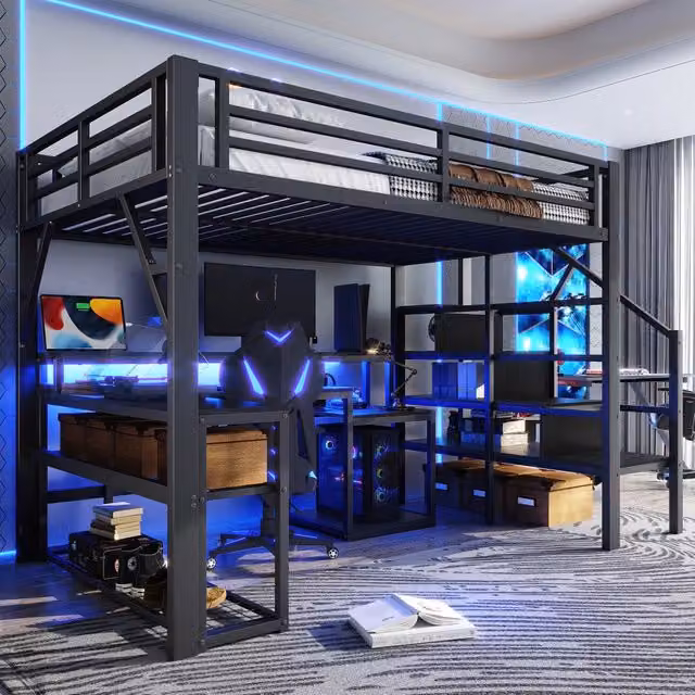 Letto a castello nero in metallo con funzione scrivania e illuminazione LED 140x200 cm
