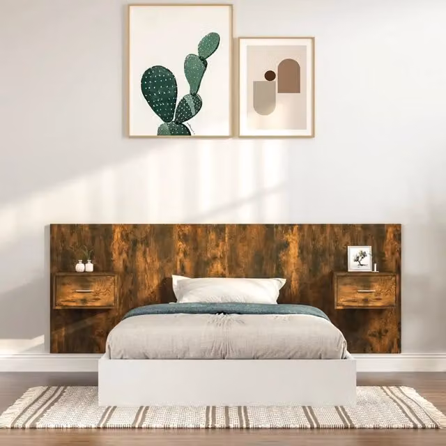 Testiera Letto con Comodini e Contenitore Design Mania in Legno Rovere Fumo L: 120 cm, P: 80 cm, H: 80 cm