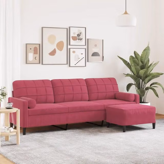 Divano a 3 posti con poggiapiedi vidaXL in velluto rosso con struttura in metallo L: 226 cm, P: 80 cm, H: 77 cm – 1