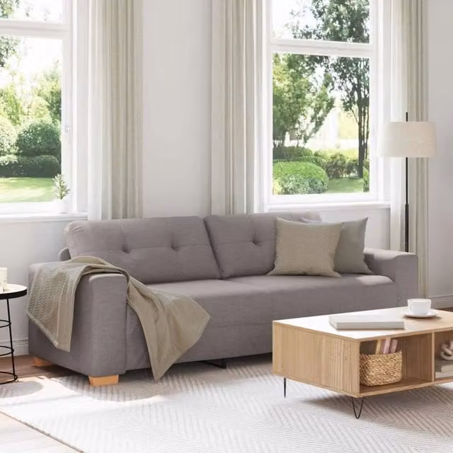 Divano a 3 posti vidaXL in tessuto beige o grigio per il tuo soggiorno con cuscini inclusi L: 221 cm, P: 80 cm, H: 78 cm
