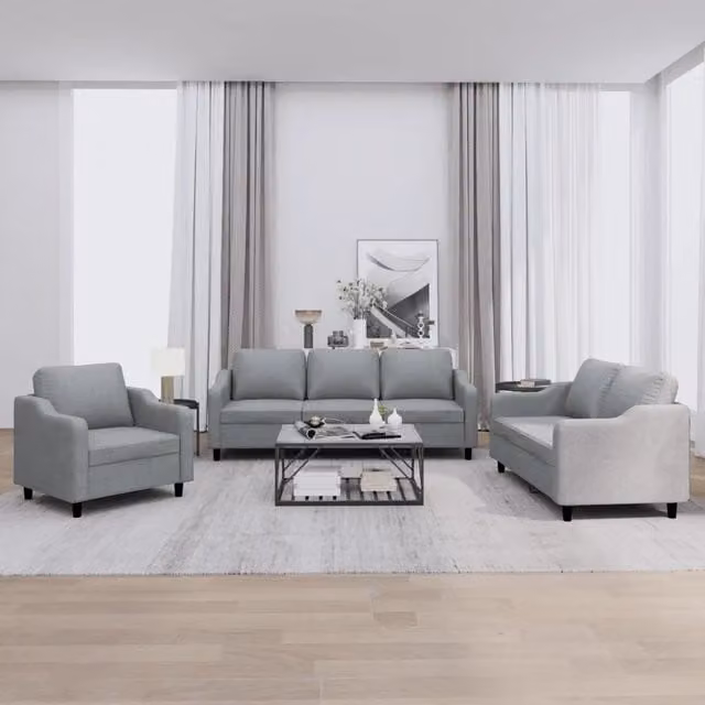 Set di divani 3 pezzi vidaXL in tessuto grigio con cuscini per soggiorno moderno