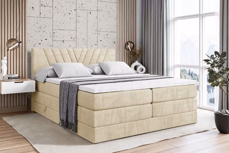 Letto boxspring ALTDECOR con 2 materassi e topper - 140x200 cm - ERNINA KING - Velluto beige - Letto imbottito con materassi H3 e H4, contenitore e rete a doghe, letto con spazio contenitivo