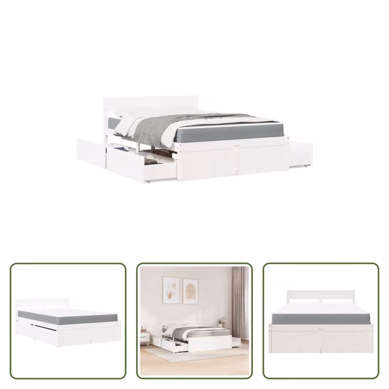 The Living Store Letto con cassetti e materasso bianco 120x190 cm in legno massiccio
