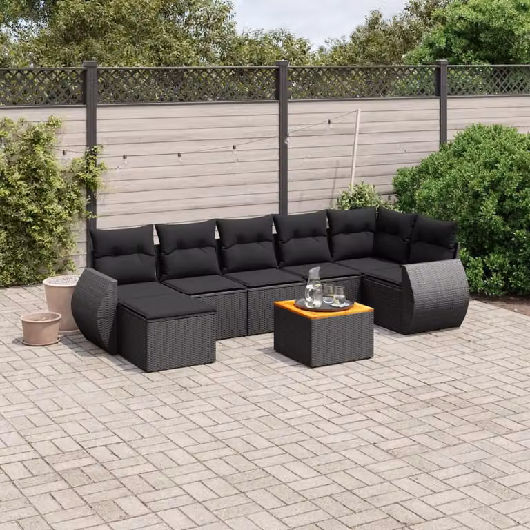 vidaXL Set Divani da Giardino a L in Polyrattan Nero con Cuscini e Tavolino da 8 Pezzi