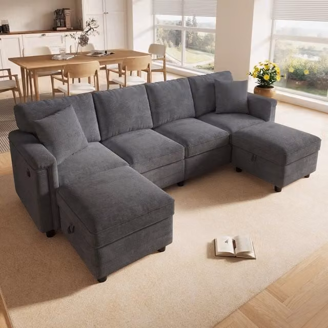 Divano modulare 261x134x82 cm con 2 pouf contenitore in ciniglia grigio