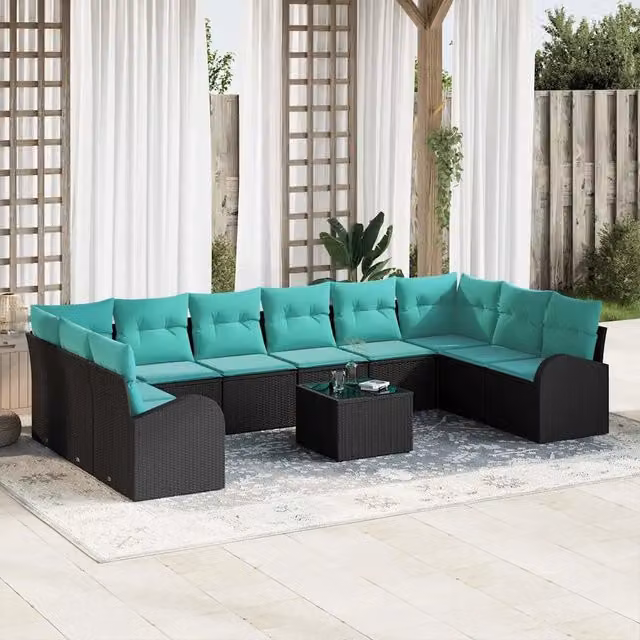 Set Divano da Giardino vidaXL a forma a U composto da 11 pezzi in Polyrattan con Cuscini Nero e Turchese – 1